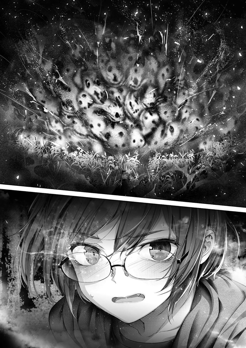 1girl fang glasses glowing glowing_eye greyscale heterochromia highres hood hoodie horror_(theme) kamikoshi_sorawo looking_at_viewer monochrome monster novel_illustration official_art plant shirakaba short_hair sky solo surreal urasekai_picnic