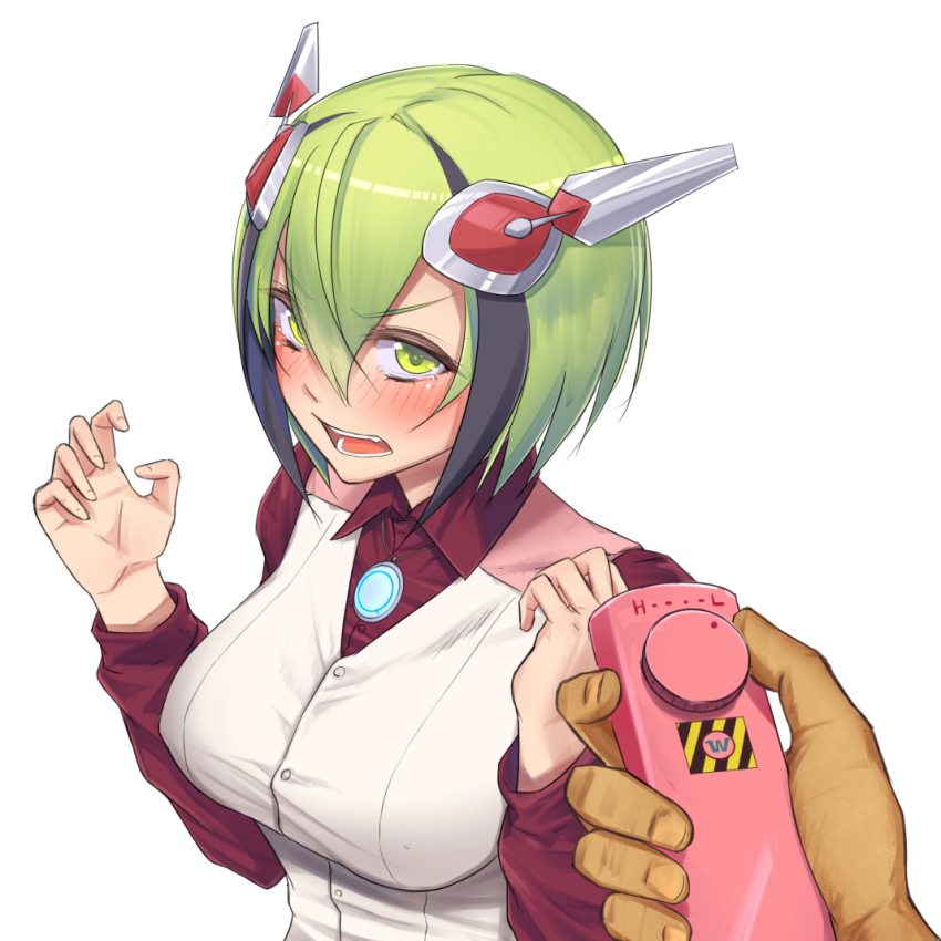 10s 1girl blush breasts dimension_w green_eyes green_hair hair_ornament mob3 multicolored_hair open_mouth short_hair vest yurizaki_mira