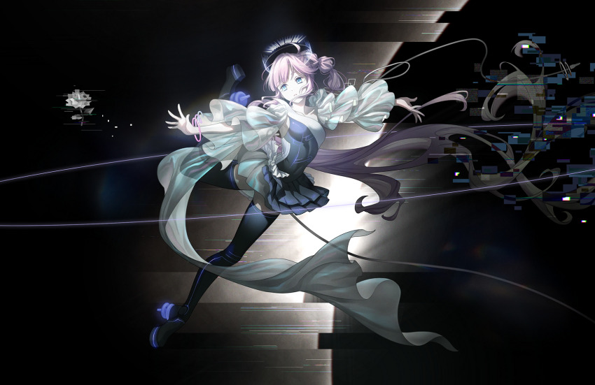 1girl absurdly_long_hair anyoji_hime black_background black_dress black_shoes black_thighhighs blue_eyes breasts covered_navel dark_background dress floating floating_hair frilled_dress frills full_body game_cg glitch hair_intakes halo high_heels highres link!_like!_love_live! long_hair looking_to_the_side love_live! medium_breasts multi-tied_hair non-web_source official_alternate_costume official_alternate_hair_length official_alternate_hairstyle official_art oracle_etude_(love_live!) outstretched_arms parted_lips pink_hair ponytail reaching shoes short_dress sidelocks solo spread_arms thighhighs tight_clothes tight_dress very_long_hair virtual_youtuber