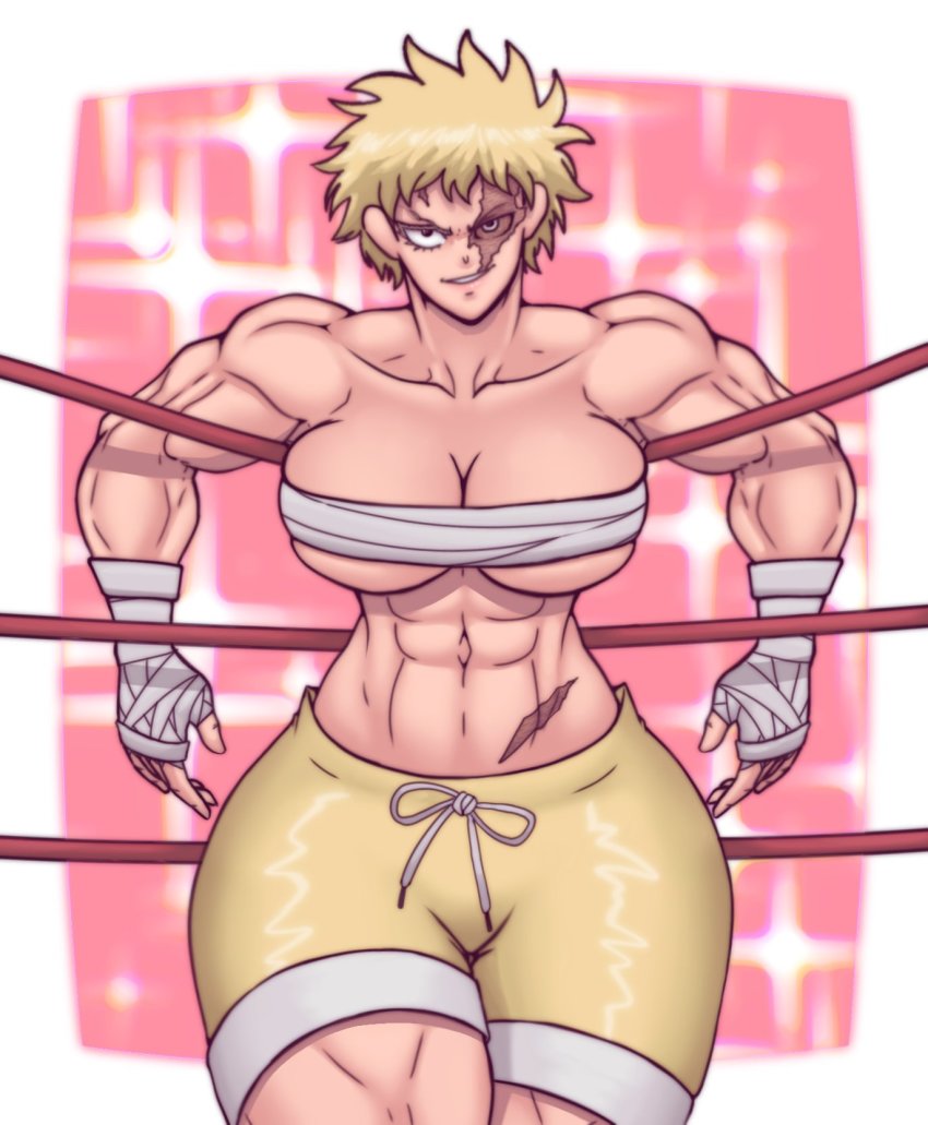 1girl abs alternate_costume bandages bare_shoulders blonde_hair boku_no_hero_academia breasts female_focus genderswap genderswap_(mtf) gym_uniform hensket highres large_breasts looking_at_viewer muscular muscular_(boku_no_hero_academia) muscular_arms muscular_female muscular_legs scar scar_across_eye scar_on_face short_hair sideburns smile solo teasing threatening