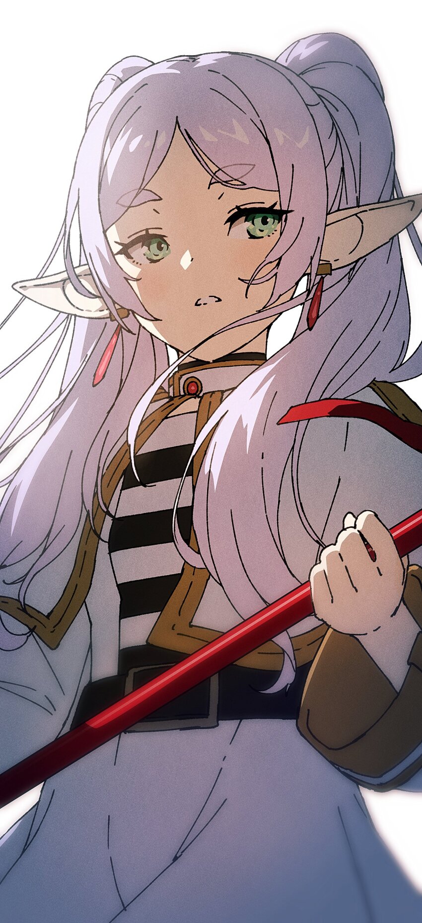 1girl absurdres belt black_belt capelet chyko dress earrings elf frieren green_eyes highres holding holding_staff jewelry long_hair looking_to_the_side parted_lips pointy_ears solo sousou_no_frieren staff twintails upper_body white_background white_capelet white_dress white_hair wide_sleeves