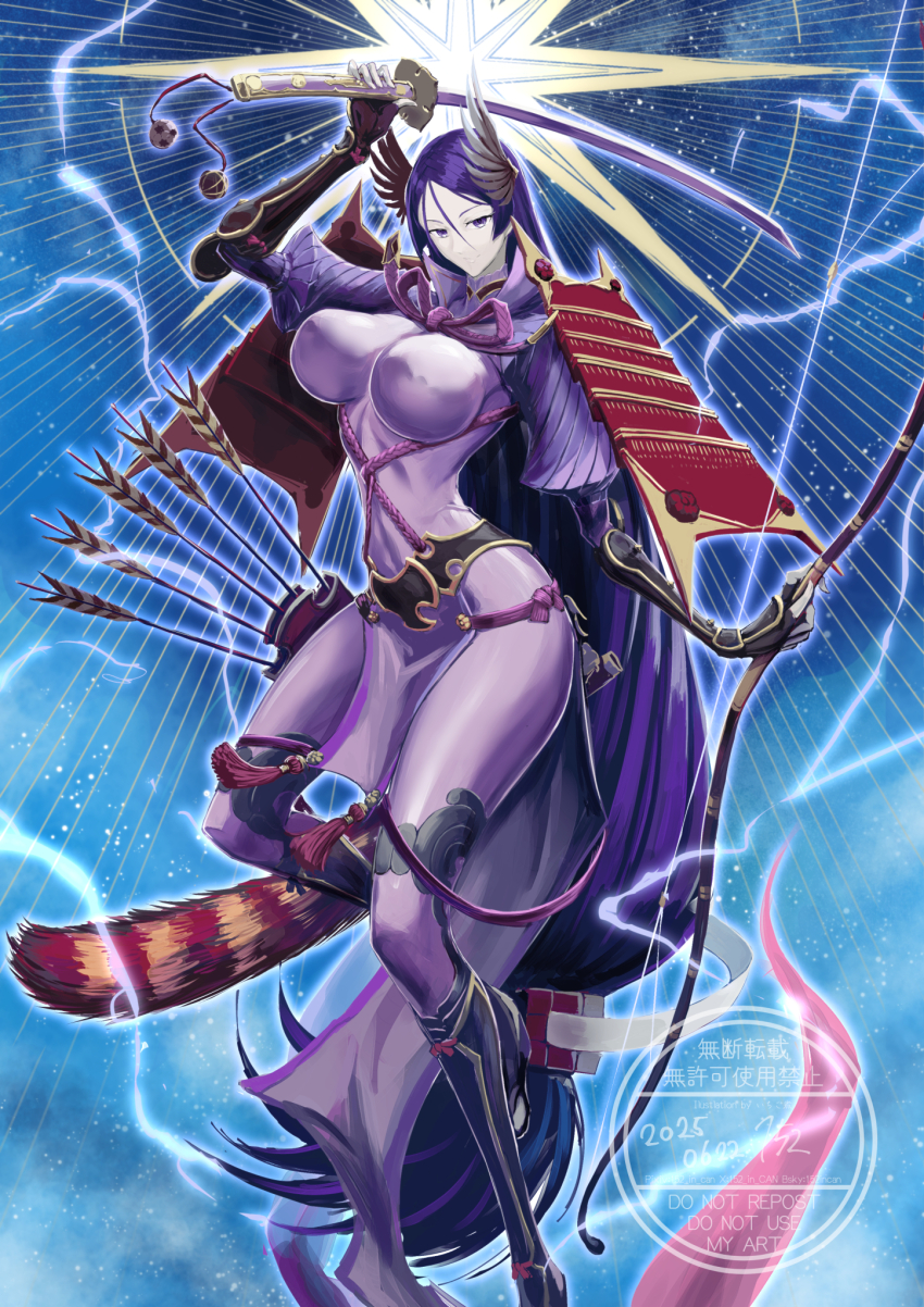 152_in_can 1girl armor arms_up arrow_(projectile) black_gloves blue_background bodysuit boots bow_(weapon) breasts copyright_notice covered_navel curvy doujigiri_yasutsuna_(fate) fate/grand_order fate_(series) fingerless_gloves full_body gloves hair_ornament high_heels highres holding holding_bow_(weapon) holding_sword holding_weapon japanese_armor katana large_breasts loincloth long_hair looking_at_viewer low-tied_long_hair minamoto_no_raikou_(fate) minamoto_no_raikou_(third_ascension)_(fate) onikiri_yasutsuna_(fate) parted_bangs purple_bodysuit purple_eyes purple_hair ribbed_sleeves rope samurai shoulder_armor smile solo standing sword thighs unsheathed very_long_hair watermark weapon winged_hair_ornament