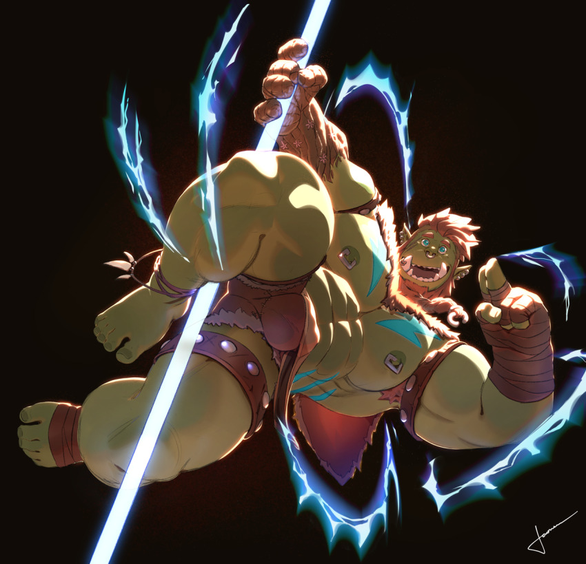 1boy :d armpit_hair armpit_hair_peek barefoot beard blue_eyes braid braided_beard brown_hair bulge colored_skin electricity electrokinesis energy_beam face_piercing facial_hair florakinesis full_beard gradient_skin green_skin hairy highres huge_pectorals large_hands long_beard looking_at_viewer male_focus mature_male monster_boy muscular muscular_male nipple_piercing nipple_rings nipples nose_piercing nose_ring open_mouth orc original pectorals piercing pointy_ears short_hair shorts smile strongman_waist taoren thick_beard thick_eyebrows thick_thighs thighs tusks undercut zargaron_(rosegorc)
