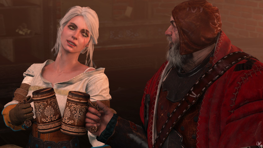 1boy 1girl 3d absurdres baron_phillip_strenger beard beer_mug blender_(medium) ciri cup facial_hair gloves green_eyes highres leather leather_pants looking_at_another mug mustache pants scar scar_across_eye scar_on_face shirt short_hair smile the_witcher_(series) the_witcher_3 weebsfm white_shirt