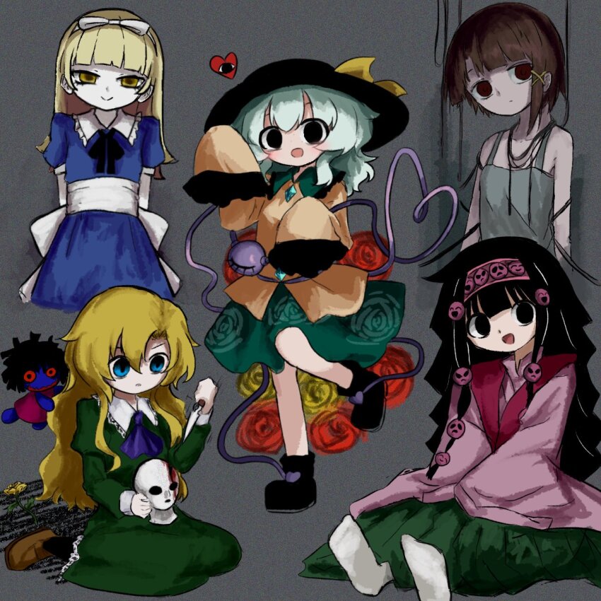 alice_(megami_tensei) alluka_zoldyck ascot asymmetrical_hair black_boots black_eyes black_hair black_hat blonde_hair blue_ascot blue_dress blue_eyes boots brown_eyes brown_hair brown_shoes buttons camisole diamond_button doll dress eyeball flower frilled_shirt_collar frilled_sleeves frills green_dress green_hair green_skirt hair_bobbles hair_ornament hair_ribbon hairband hairclip hat hat_ribbon heart heart_of_string heripantomorrow highres hunter_x_hunter ib_(kouri) iwakura_lain japanese_clothes komeiji_koishi long_sleeves mannequin mary_(ib) multi-tied_hair multicolored_dress multiple_girls palette_knife red_flower red_rose ribbon rose serial_experiments_lain shin_megami_tensei shirt shoes single_sidelock skirt sleeves_past_wrists smile third_eye touhou white_ribbon wire x_hair_ornament yellow_eyes yellow_flower yellow_ribbon yellow_rose yellow_shirt