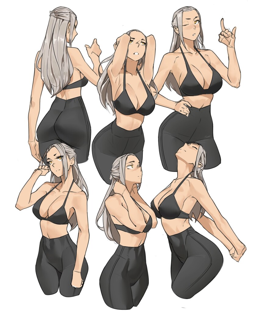 1girl ass black_pants bra breasts brown_eyes cleavage collarbone high-waist_pants highres large_breasts leggings midriff navel original pants sports_bra sportswear stomach tagme tbocart thigh_gap tight_clothes underwear yoga_pants