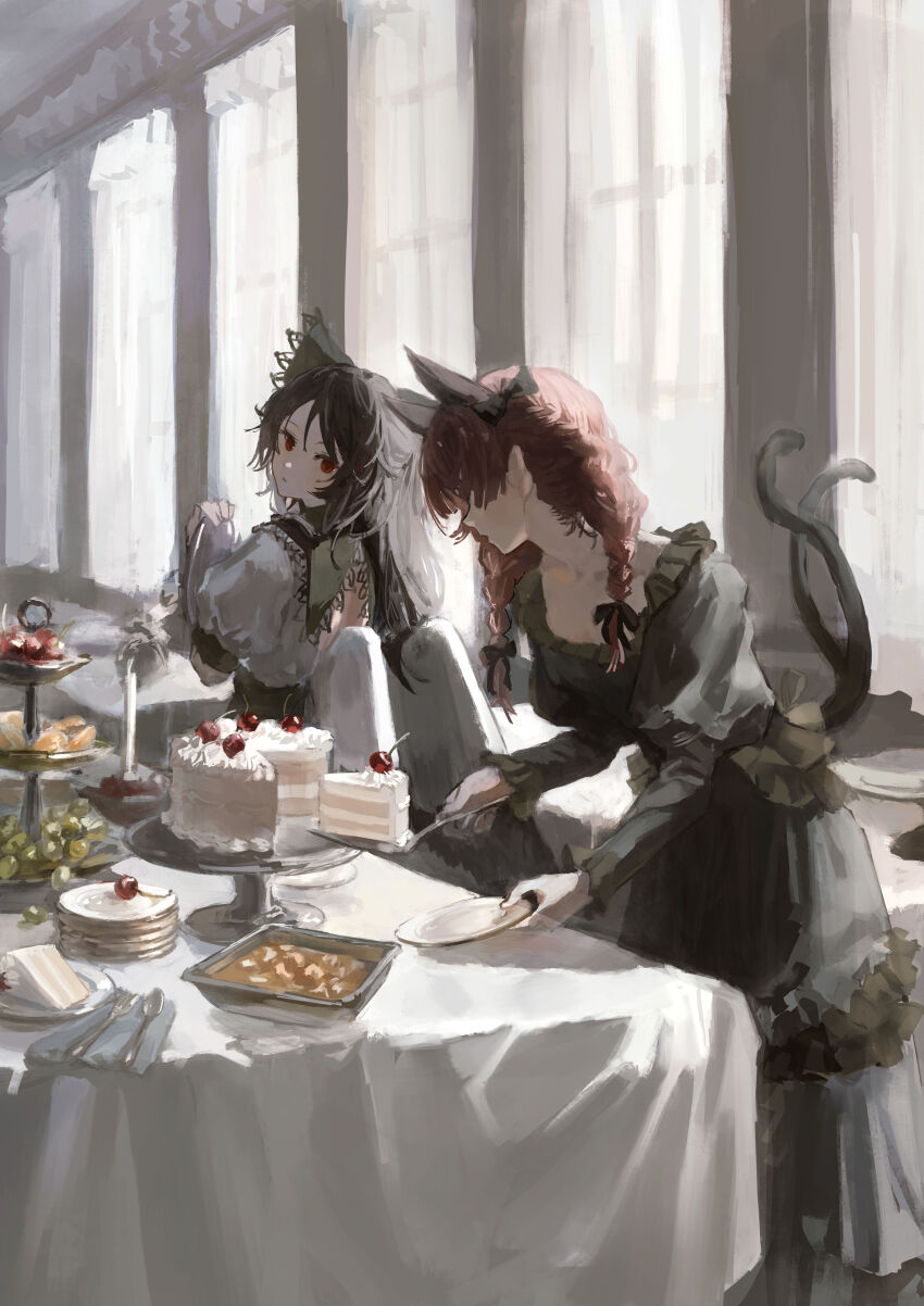 absurdres animal_ears black_bow black_hair black_wings bow braid cake cake_stand cat_ears cat_girl cat_tail cherry commentary dress food fork fruit grapes green_bow green_dress hair_bow highres holding holding_plate holding_tray indoors juliet_sleeves kaenbyou_rin long_hair long_sleeves multiple_tails plate pointy_ears puffy_short_sleeves puffy_sleeves red_eyes red_hair reiuji_utsuho sawararado shirt short_sleeves spoon table tablecloth tail touhou tray twin_braids two_tails white_shirt white_wings wings