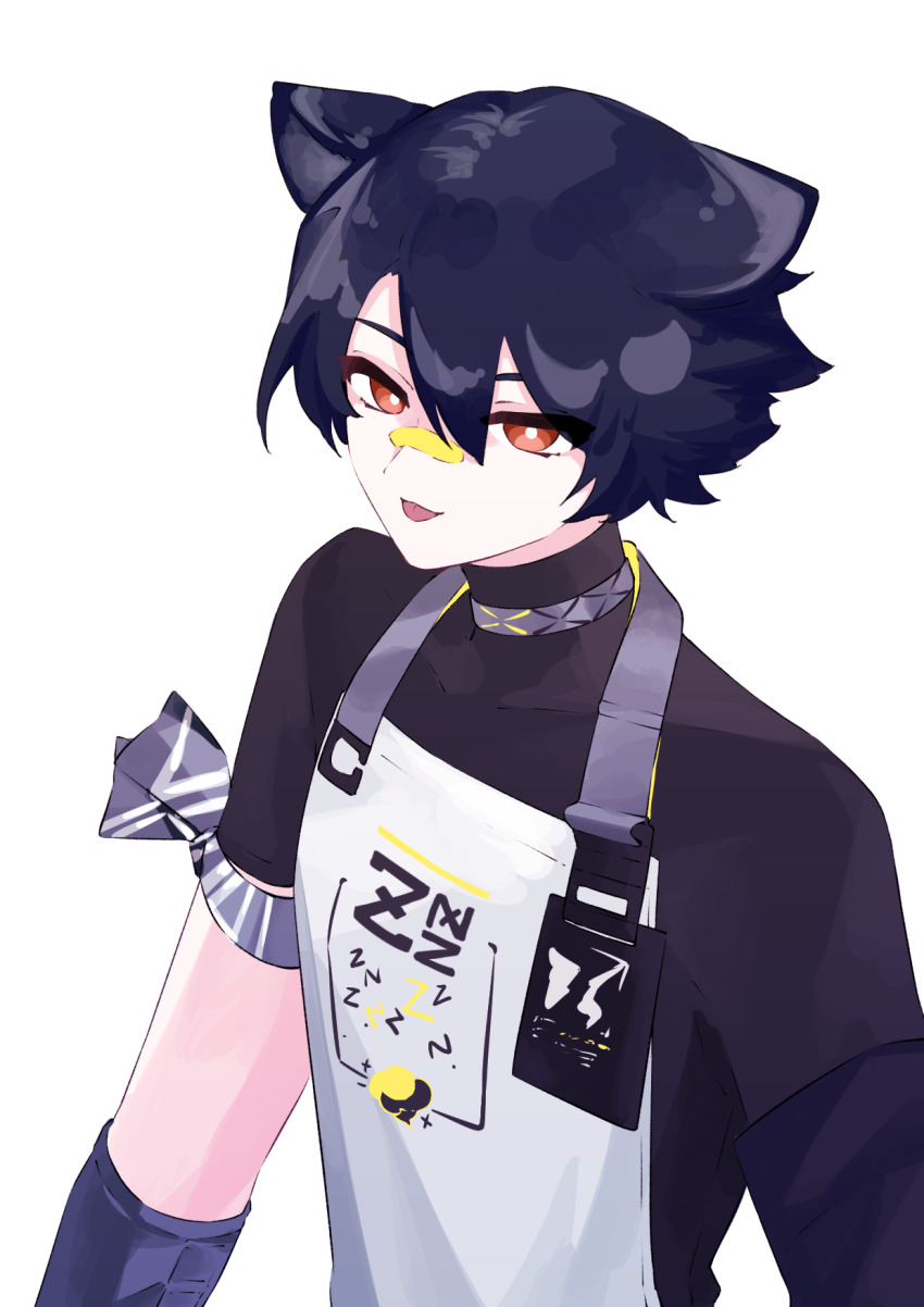 1boy :p animal_ears apron arknights armband black_gloves black_hair black_shirt closed_mouth commentary_request dog_boy dog_ears gloves grey_armband highres id_card infection_monitor_(arknights) looking_at_viewer male_focus nazo_no_hana orange_eyes shirt short_hair short_sleeves simple_background smile solo tongue tongue_out upper_body white_apron white_background windflit_(arknights)