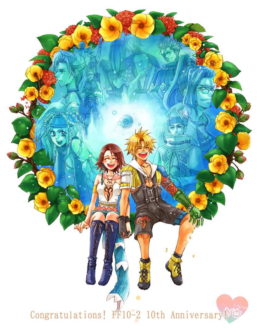 00s 4girls 6+boys brother_(ff10) bad_id bad_pixiv_id baralai blonde_hair blush boots breasts brown_hair copyright_name buddy_(ff10) english_text final_fantasy final_fantasy_x final_fantasy_x-2 gippal highres jewelry lenne_(ff10) long_hair multiple_boys multiple_girls murata_(koto8416) necklace nooj paine paine_(ff10) rikku_(ff10) shinra_(ff10) short_hair shuyin smile tidus yuna yuna_(ff10)