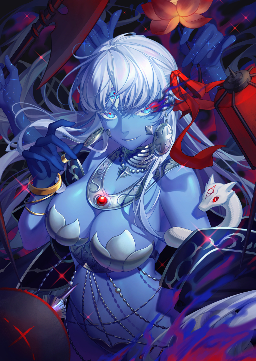 1girl absurdres armor axe bare_shoulders belly_chain bikini_armor blue_eyes blue_skin bracelet breasts cleavage club_(weapon) collarbone colored_skin earrings erchongbaojun extra_arms fate/grand_order fate_(series) flower grin hair_ribbon highres jewelry kali_(fate) large_breasts long_hair looking_at_viewer navel neck_ring necklace revealing_clothes ribbon sash smile snake solo third_eye thumb_ring very_long_hair weapon white_hair