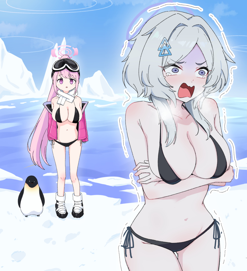 2girls animal arms_under_breasts bikini bird black_bikini blue_archive blue_sky blush boots breasts caffeinechara cleavage cloud cold day eimi_(blue_archive) eimi_(swimsuit)_(blue_archive) goggles goggles_on_head grey_hair hair_ornament halo highres iceberg jacket large_breasts long_hair mirai_(blue_archive) multiple_girls off_shoulder open_clothes open_jacket open_mouth outdoors penguin pink_hair pink_jacket ponytail scarf shaded_face short_hair_with_long_locks side-tie_bikini_bottom sky swimsuit tears trembling very_long_hair water white_scarf