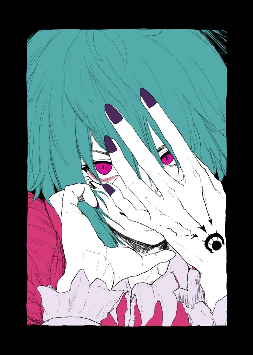 1girl asellus_(saga_frontier) black_border border covering_face covering_own_mouth fuluyano green_hair hand_over_own_mouth highres looking_at_viewer nail_polish purple_eyes saga saga_frontier short_hair simple_background smile solo