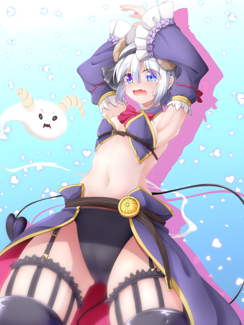 1girl armpits arms_up blue_eyes broken_horn cosplay crisis_management_form_(machikado_mazoku) demon_tail detached_sleeves evandragon fang garter_straps gradient_background highres hitodama horns konpaku_youmu konpaku_youmu_(ghost) lilith_(machikado_mazoku) machikado_mazoku navel skin_fang tail thighhighs touhou white_hair yoshida_yuuko_(machikado_mazoku) yoshida_yuuko_(machikado_mazoku)_(cosplay)
