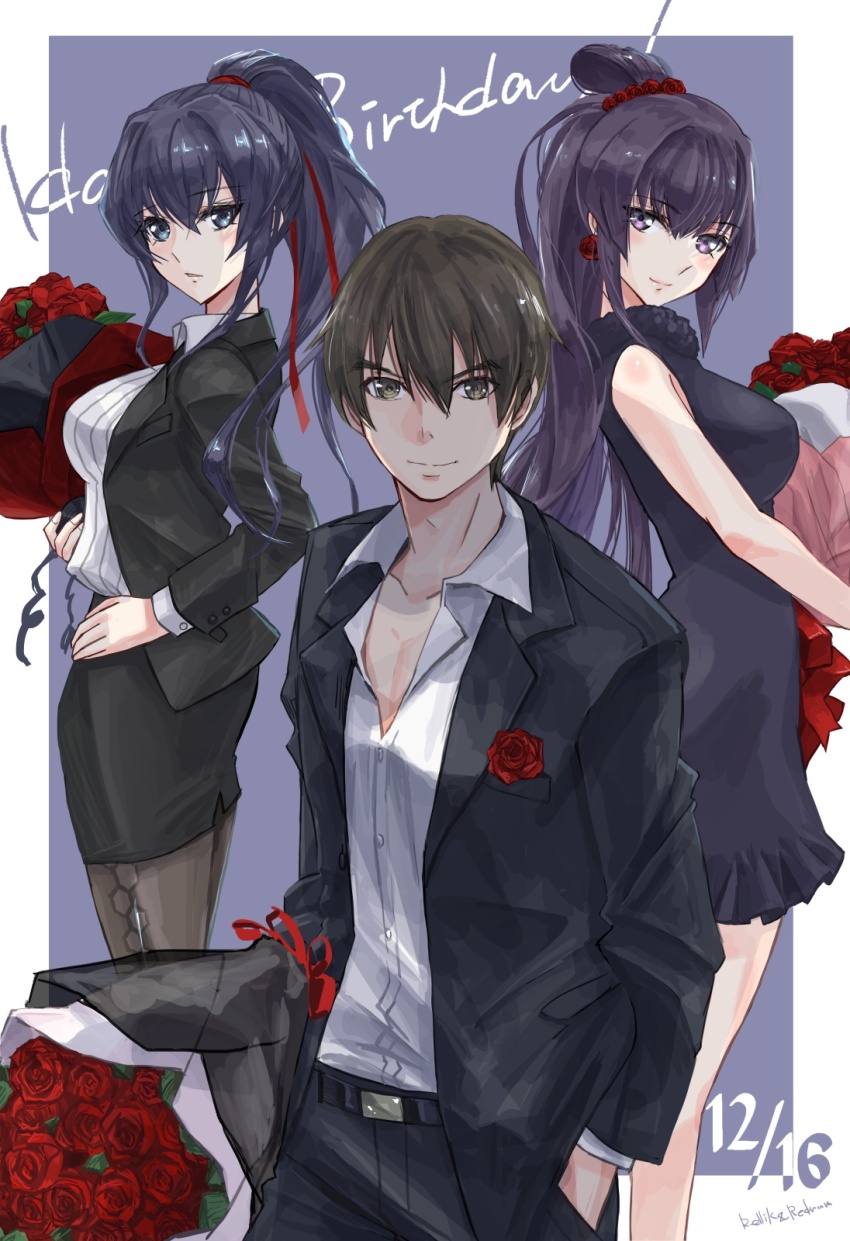1boy 2girls bare_shoulders black_dress blue_eyes blue_hair breasts brown_eyes brown_hair closed_mouth commentary dress flower formal_clothes happy_birthday highres jacket jun_(rellik_&amp;_redrum) koubuin_yuuhi large_breasts long_hair looking_at_viewer medium_breasts mitsurugi_meiya multiple_girls muv-luv open_mouth pencil_skirt ponytail purple_eyes purple_hair red_flower red_rose rose shirogane_takeru shirt skirt smile suit