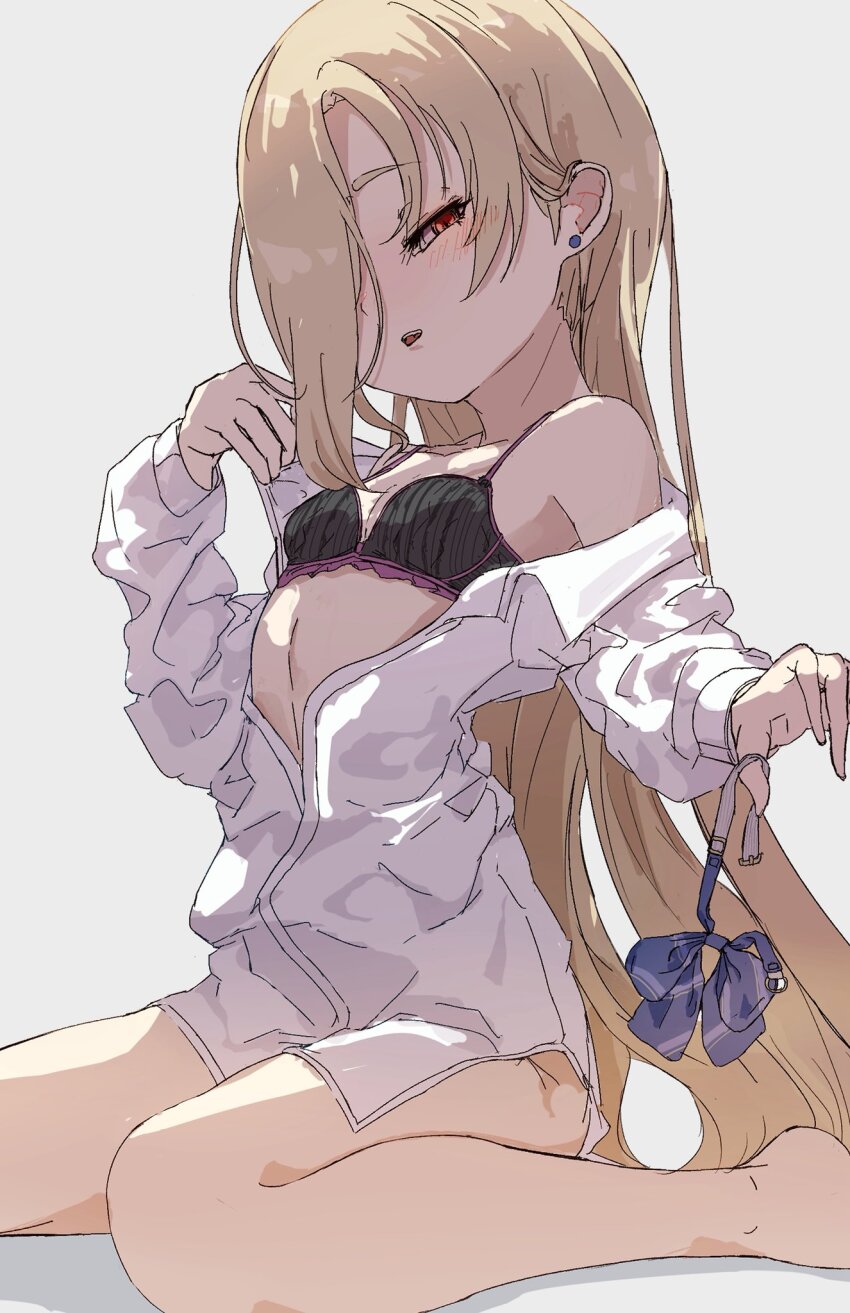 1girl black_bra blonde_hair blush bra breasts commentary_request earrings hair_over_one_eye highres idolmaster idolmaster_cinderella_girls jewelry kentake04 long_hair looking_at_viewer naughty_face red_eyes shirasaka_koume shirt sitting sketch small_breasts solo stud_earrings underwear undressing very_long_hair wariza white_shirt
