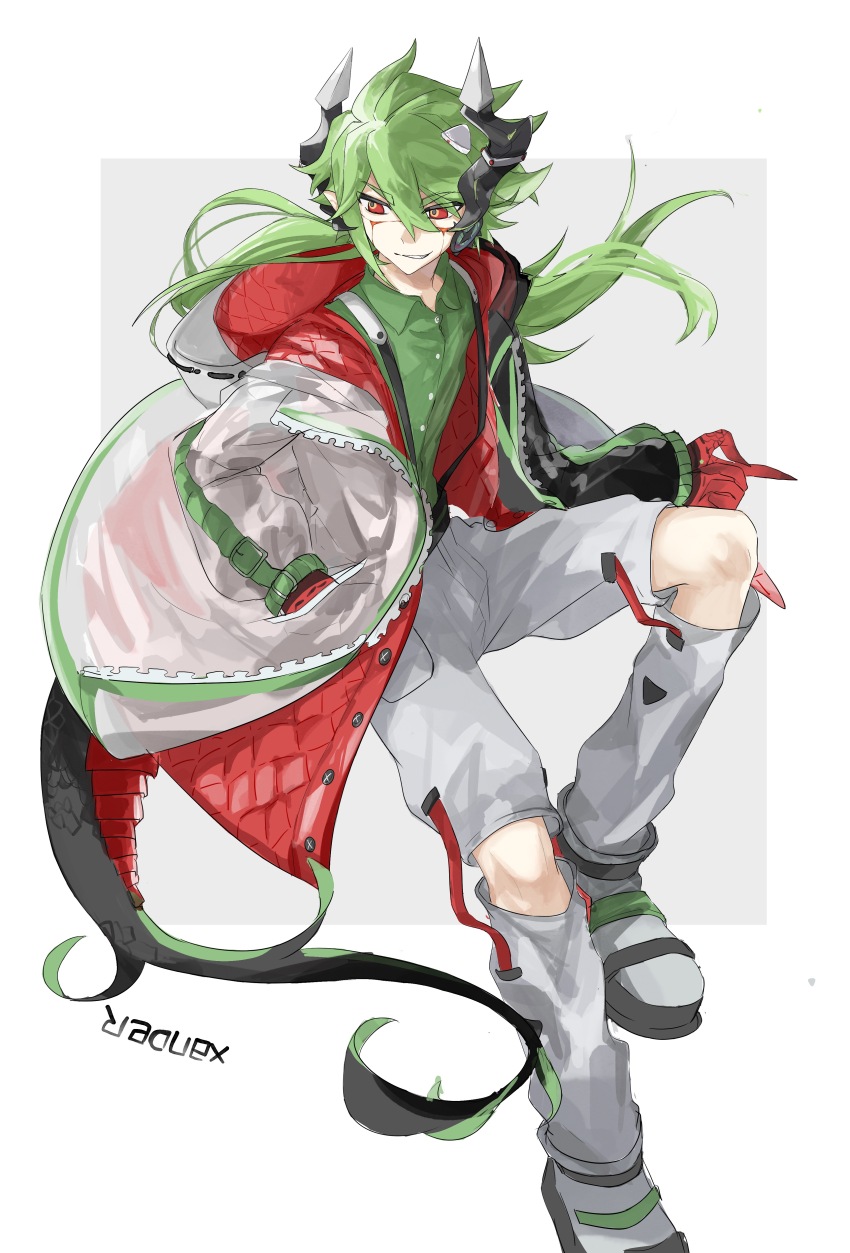 1boy absurdres alternate_costume aotu_world chinese_commentary collared_shirt dragon_boy dragon_horns dragon_tail facial_tattoo full_body green_hair green_shirt grey_background grey_leg_warmers grey_shorts hair_between_eyes hands_in_pockets highres hood hooded_jacket horns jacket killgeli leg_warmers long_hair long_sleeves looking_at_viewer low_ponytail male_focus monster_boy multicolored_jacket open_clothes open_jacket pants pointy_ears ponytail red_eyes red_jacket shirt shoes shorts simple_background sitting slit_pupils smile solo tail tattoo white_background white_jacket white_pants white_shoes white_shorts xander_(aotu_world) zipper