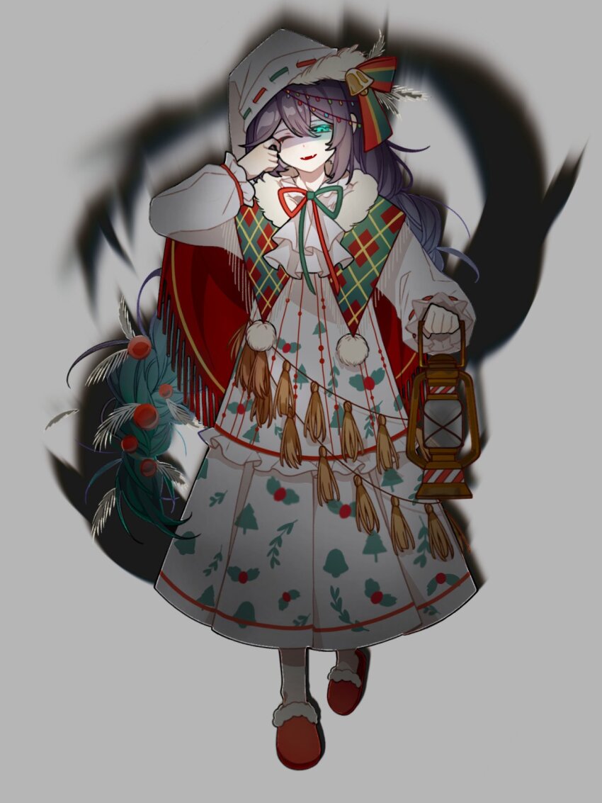1boy bell blue_eyes blurry bow bowtie braid capelet christmas_lights christmas_nightmare_(e.g.o) commentary dress e.g.o_(project_moon) fangs finame0 fur-trimmed_capelet fur_trim glowing glowing_eyes green_shawl hand_on_own_face hat highres holding holding_lantern hong_lu_(project_moon) jingle_bell lantern limbus_company long_hair looking_at_viewer male_focus nightcap one_eye_closed open_mouth pom_pom_(clothes) project_moon purple_hair red_slippers shadow shawl single_braid slippers solo standing symbol-only_commentary tassel white_dress white_hat