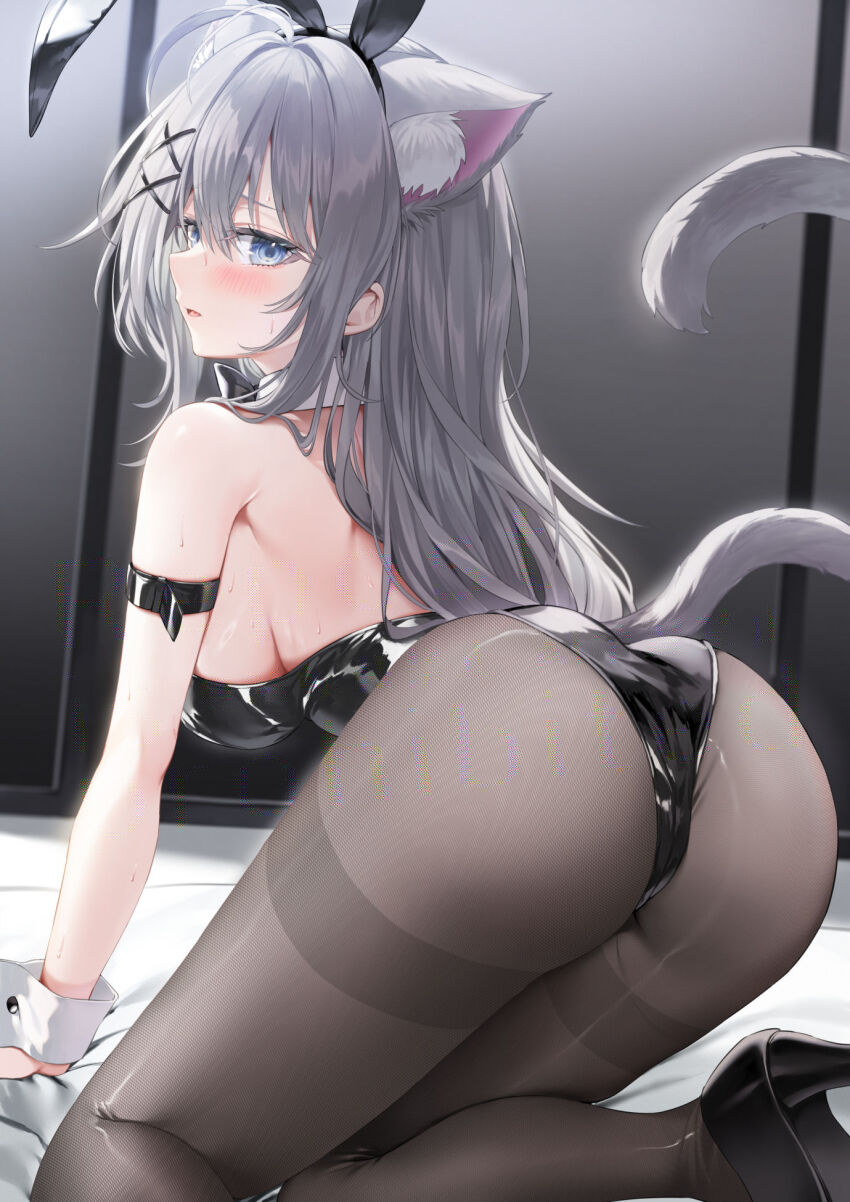 1girl animal_ear_fluff animal_ear_hairband animal_ears arm_belt ass black_bow black_bowtie black_leotard black_shoes blue_eyes blush bow bowtie cat_ears cat_girl cat_tail copyright_request detached_collar fake_animal_ears grey_hair hairband high_heels highres leotard long_hair pantyhose playboy_bunny rabbit_ear_hairband rabbit_ears shoes solo sweat tail thighband_pantyhose watermark white_wrist_cuffs wrist_cuffs yana_mori