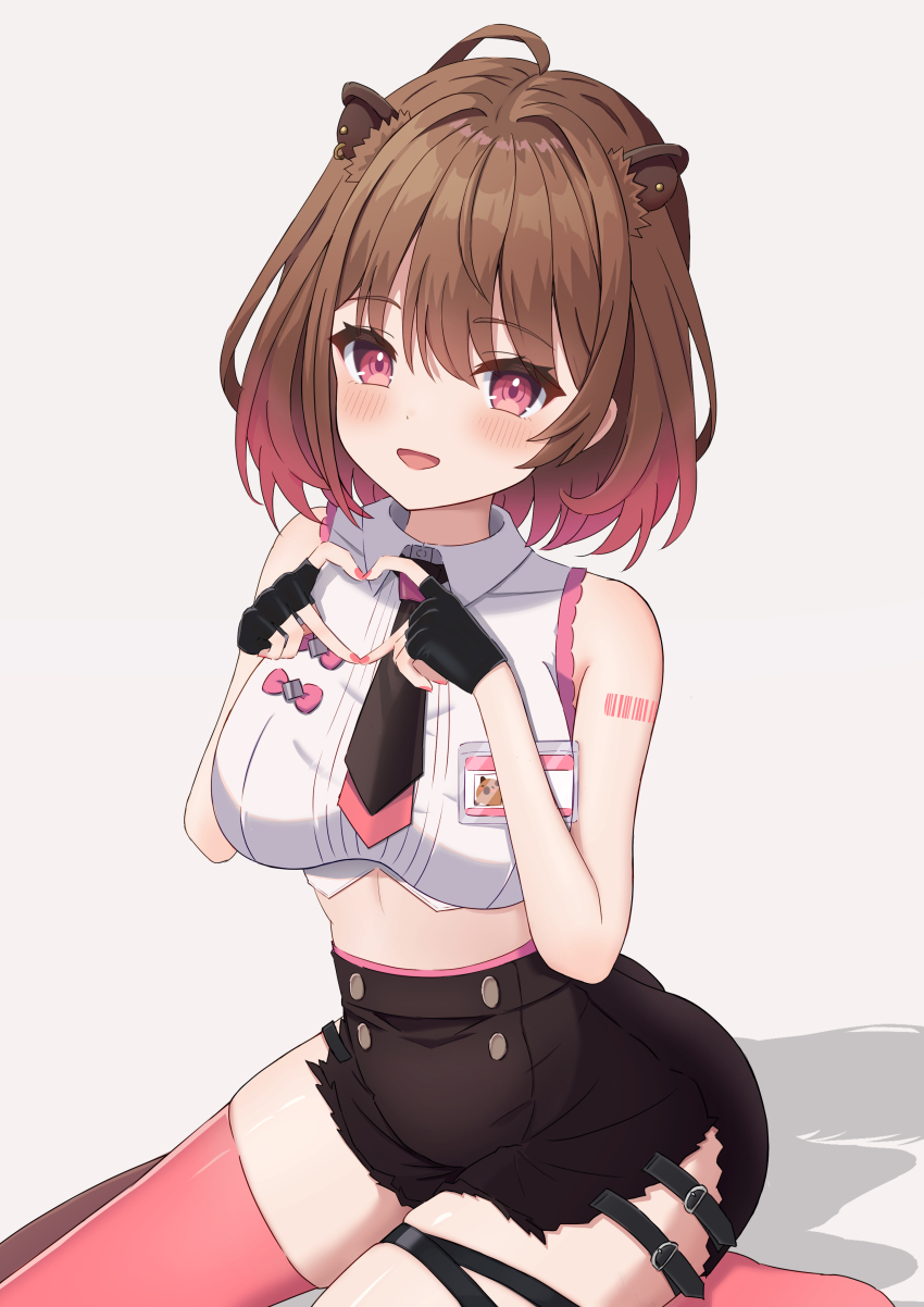 1girl :d absurdres animal_ear_piercing animal_ears awaiaka black_gloves black_necktie black_ribbon black_shorts blush breasts brown_hair capybara_ears capybara_girl collared_shirt commentary_request crop_top earrings fingerless_gloves foot_out_of_frame gloves gradient_hair grey_background hair_between_eyes heart heart_hands highres jewelry large_breasts leg_ribbon looking_at_viewer midriff multicolored_hair nanashi_inc. navel necktie open_mouth pink_eyes pink_hair pink_thighhighs ribbon seiza shirt short_hair short_shorts shorts simple_background single_earring single_thighhigh sitting sleeveless sleeveless_shirt smile solo thighhighs virtual_youtuber white_shirt yunohara_izumi