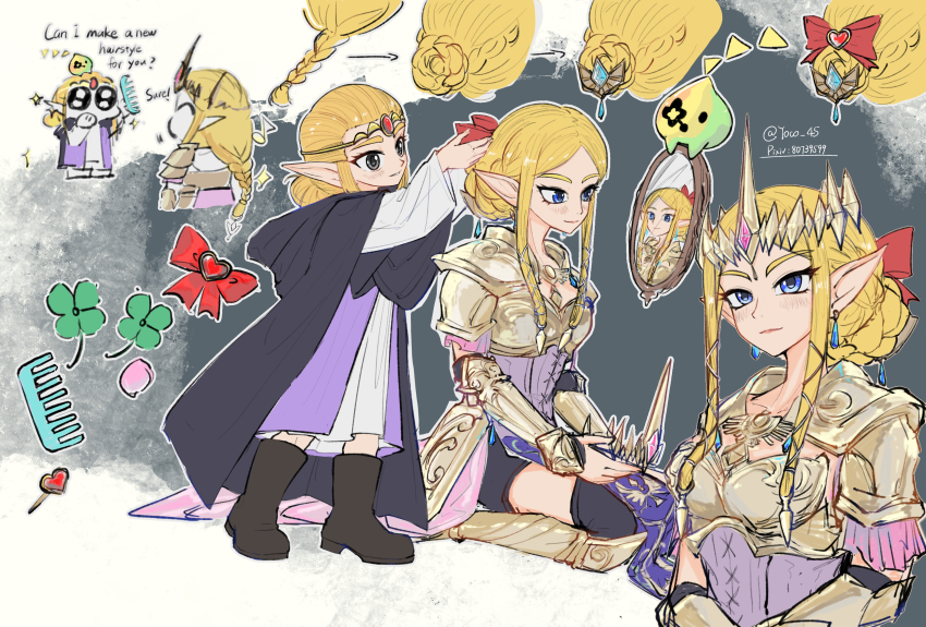 2girls absurdres alternate_hairstyle armor armored_dress blonde_hair boots bow circlet cloak comb dress hair_bow hair_bun hair_focus hair_ornament hairdressing highres hyrule_warriors in-franchise_crossover long_hair looking_at_mirror low-braided_long_hair low-tied_long_hair mirror multiple_girls multiple_persona nintendo pointy_ears princess_zelda single_hair_bun the_legend_of_zelda the_legend_of_zelda:_echoes_of_wisdom tiara tiara_removed tri_(zelda) yoco45rkgk