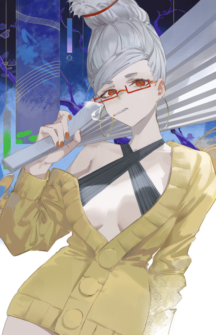 1girl absurdres ayase_seiko beehive_hairdo breasts cigarette cowboy_shot criss-cross_halter dandadan darr1o earrings halterneck hand_fan harisen highres holding holding_fan hoop_earrings jewelry looking_at_viewer rectangular_eyewear red-framed_eyewear red_eyes red_nails smoking solo straight-on sweater swept_bangs white_hair yellow_sweater