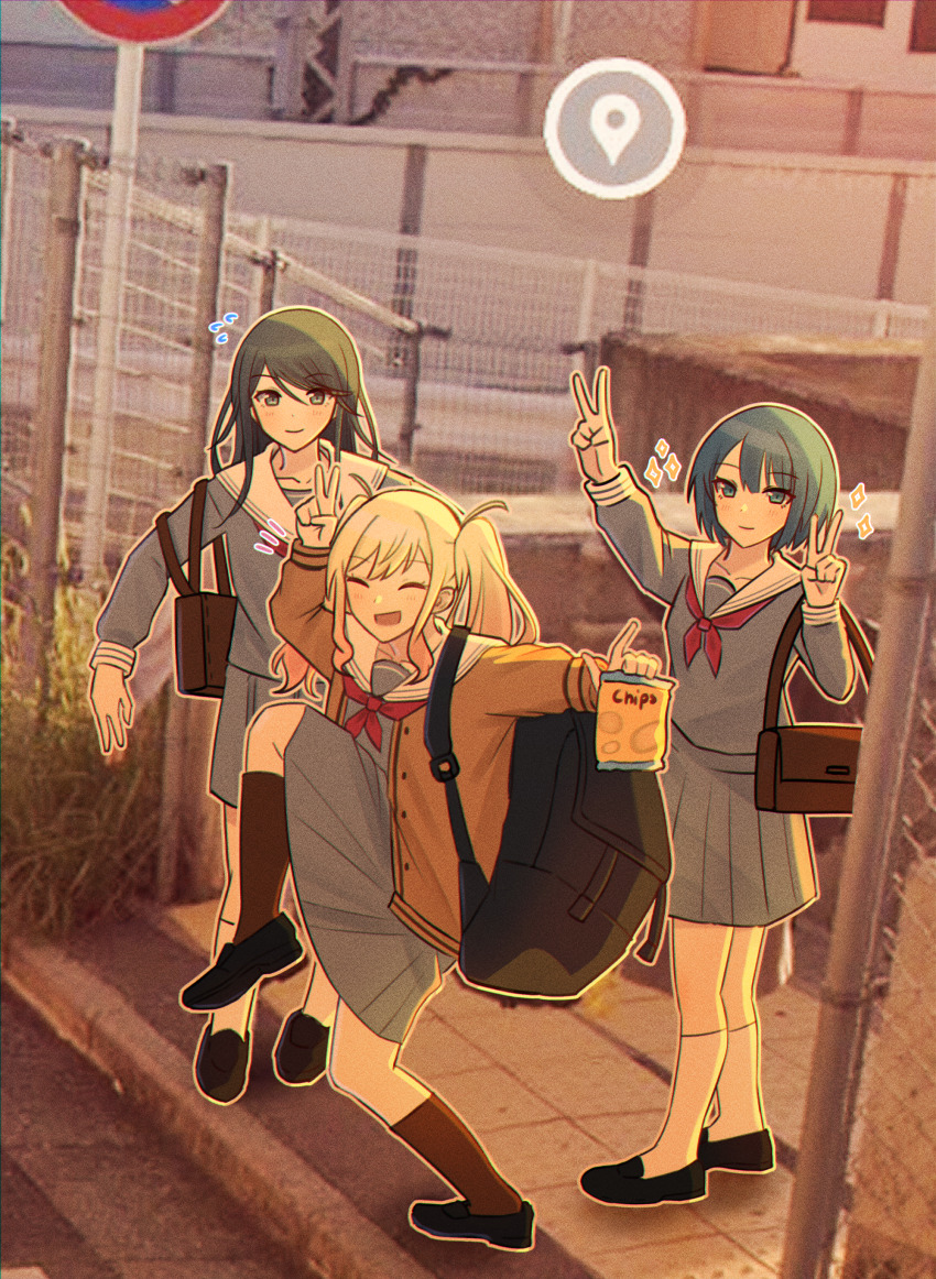 3girls ^_^ absurdres black_footwear black_socks blonde_hair blue_eyes blue_hair blush brown_cardigan cardigan closed_eyes closed_mouth double_v grey_serafuku grey_shirt grey_skirt hair_between_eyes high_school_girls_posing_for_google_street_view_(meme) highres hoshino_ichika_(project_sekai) kiritani_haruka kneehighs long_hair long_sleeves meme miyamasuzaka_girls&#039;_academy_school_uniform multiple_girls neckerchief open_cardigan open_clothes open_mouth photo_background pleated_skirt project_sekai red_neckerchief school_uniform serafuku shirt short_hair skirt socks soggyuzuki sparkle standing standing_on_one_leg tenma_saki twintails v white_socks