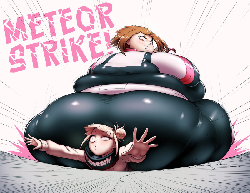 2girls absurdres ass belt better-with-salt blonde_hair bodysuit boku_no_hero_academia breasts brown_eyes brown_hair crushing fat fat_woman hair_buns highres hip_attack huge_ass huge_breasts mask multiple_girls obese short_hair toga_himiko uraraka_ochako