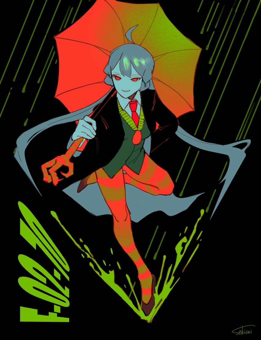 1girl absurdres ahoge black_background black_coat black_shoes black_swan_(e.g.o) braid coat e.g.o_(project_moon) employee_(project_moon) green_vest grey_hair highres holding holding_umbrella lobotomy_corporation long_hair long_sleeves looking_at_viewer low_twintails nugget_(project_moon) pantyhose parted_lips project_moon rain red_eyes sekisei_mg shoes side_braids simple_background smile solo striped_clothes striped_pantyhose twintails umbrella very_long_hair vest