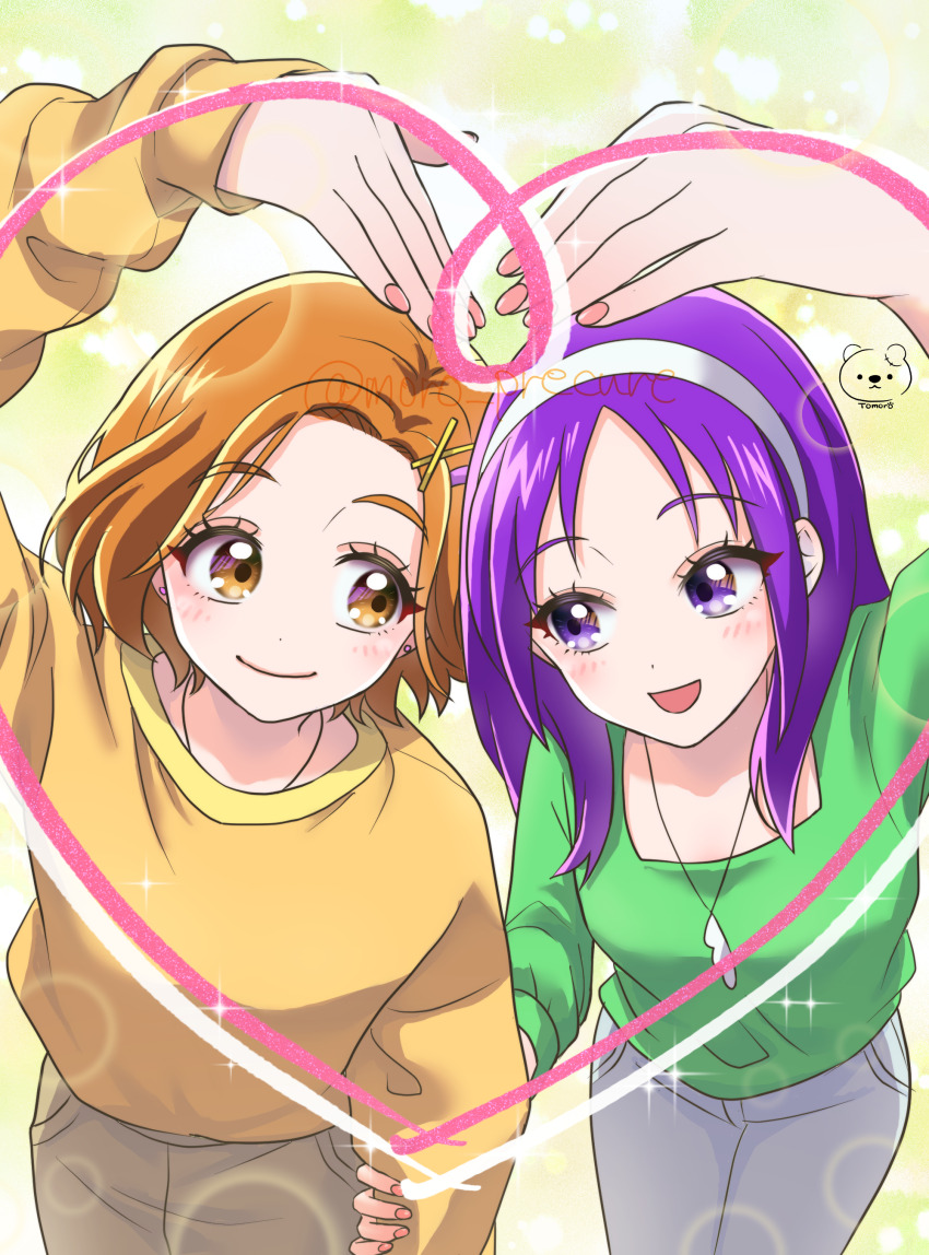 2girls absurdres artist_logo artist_name blush brown_eyes brown_hair brown_pants closed_mouth futari_wa_precure_splash_star green_shirt grey_pants hair_ornament hairband hairclip heart highres hyuuga_saki jewelry kibou_no_chikara_otona_precure_&#039;23 logo long_sleeves medium_hair mishou_mai moro_precure multiple_girls necklace open_mouth orange_shirt pants precure purple_eyes purple_hair shirt short_hair smile twitter_username white_hairband yuri