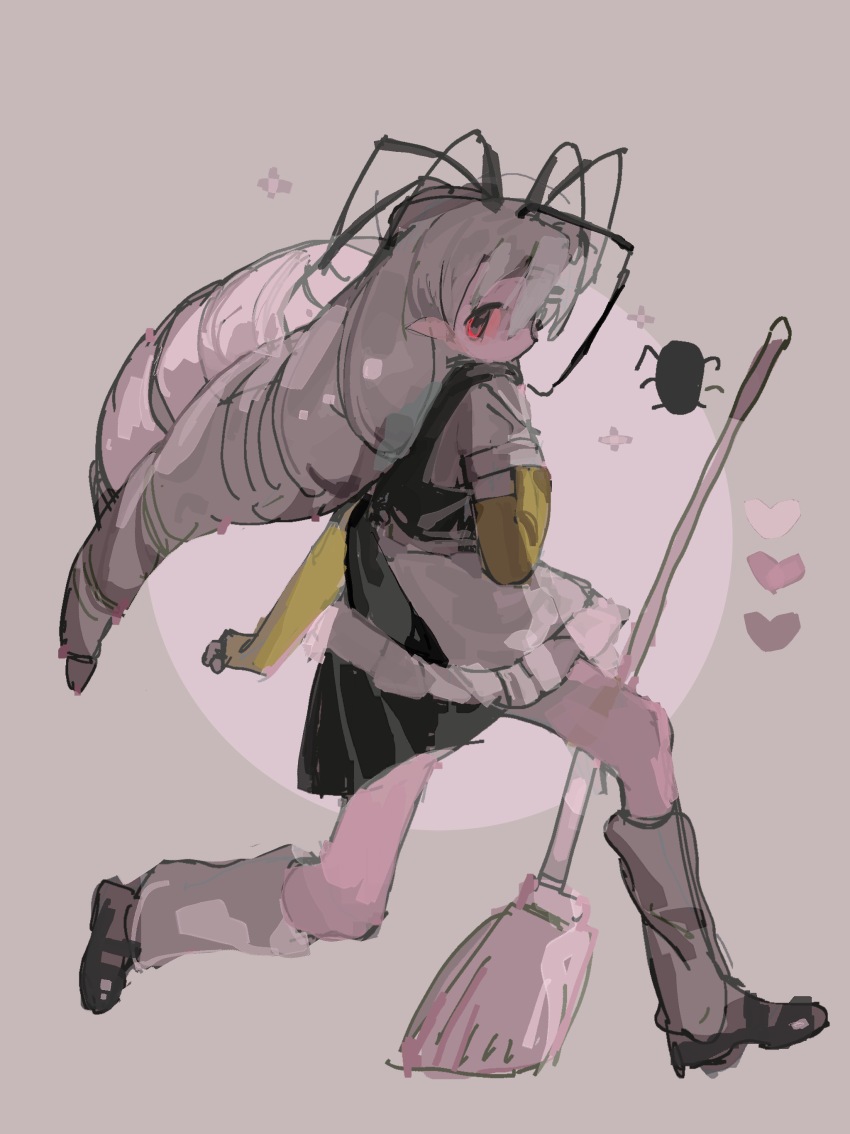 1girl absurdres antennae apron arthropod_girl black_dress black_shoes broom chinese_commentary commentary_request dress elbow_gloves full_body gloves heart highres long_hair mary_janes original pinafore_dress pleated_dress pointy_ears red_eyes shirt shoes sleeveless sleeveless_dress socks solo vihua6 white_apron white_hair white_shirt white_socks yellow_gloves