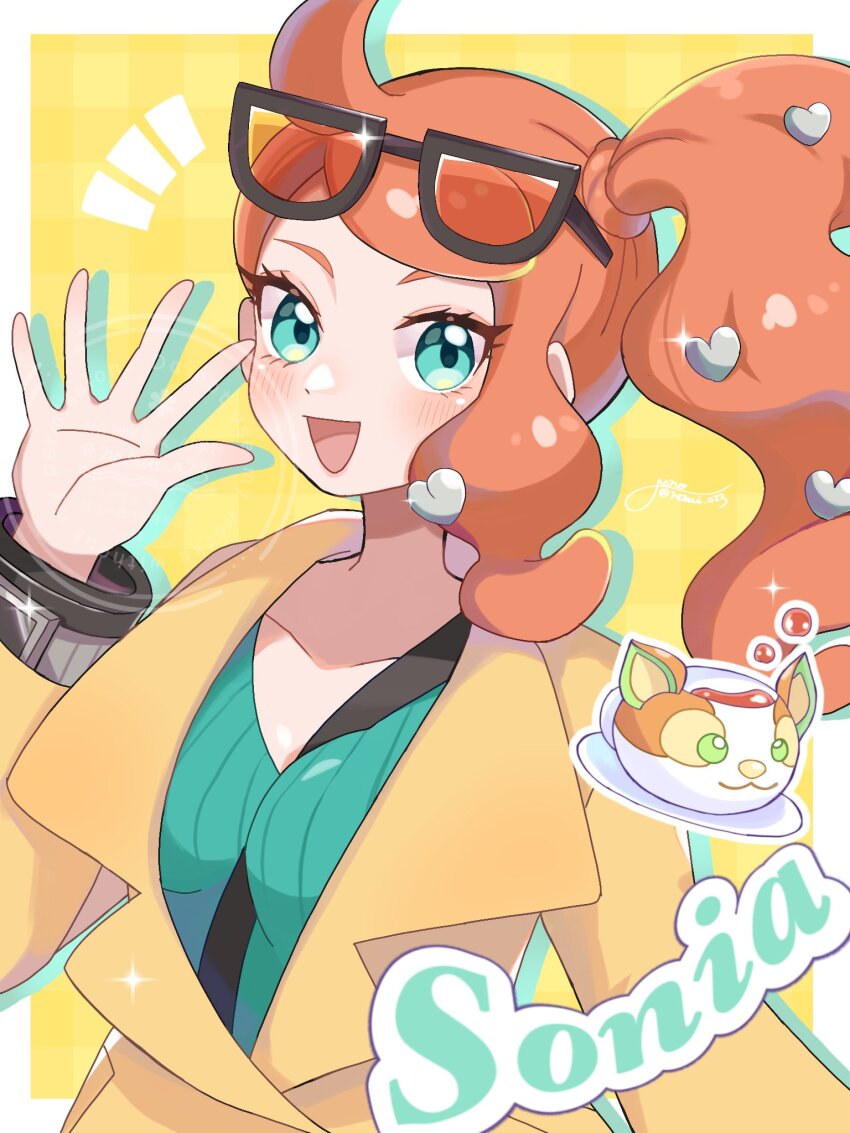 1girl aqua_eyes aqua_shirt between_breasts breasts brown_coat character_name coat collarbone eyewear_on_head game_freak gen_8_pokemon hair_ornament hand_up heart heart_hair_ornament highres medium_breasts nemui_o23 nintendo open_mouth orange-tinted_eyewear orange_hair pokemon pokemon_swsh ribbed_shirt shirt side_ponytail smile solo sonia_(pokemon) strap_between_breasts sunglasses swept_bangs tinted_eyewear upper_body v-neck wavy_hair yamper