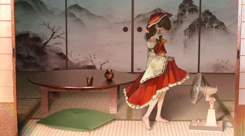 1girl absurdres ascot barefoot bow brown_hair chabudai_(table) closed_eyes closed_mouth clothes_lift collared_shirt commentary_request dedemaru detached_sleeves electric_fan frilled_bow frilled_hair_tubes frills full_body green_pillow hair_bow hair_tubes hakurei_reimu highres holding indoors long_hair long_sleeves pillow red_bow red_shirt red_skirt ribbon-trimmed_sleeves ribbon_trim shirt sidelocks skirt skirt_lift skirt_set sleeveless sleeveless_shirt solo standing sweat table tatami touhou white_sleeves wide_sleeves yellow_ascot
