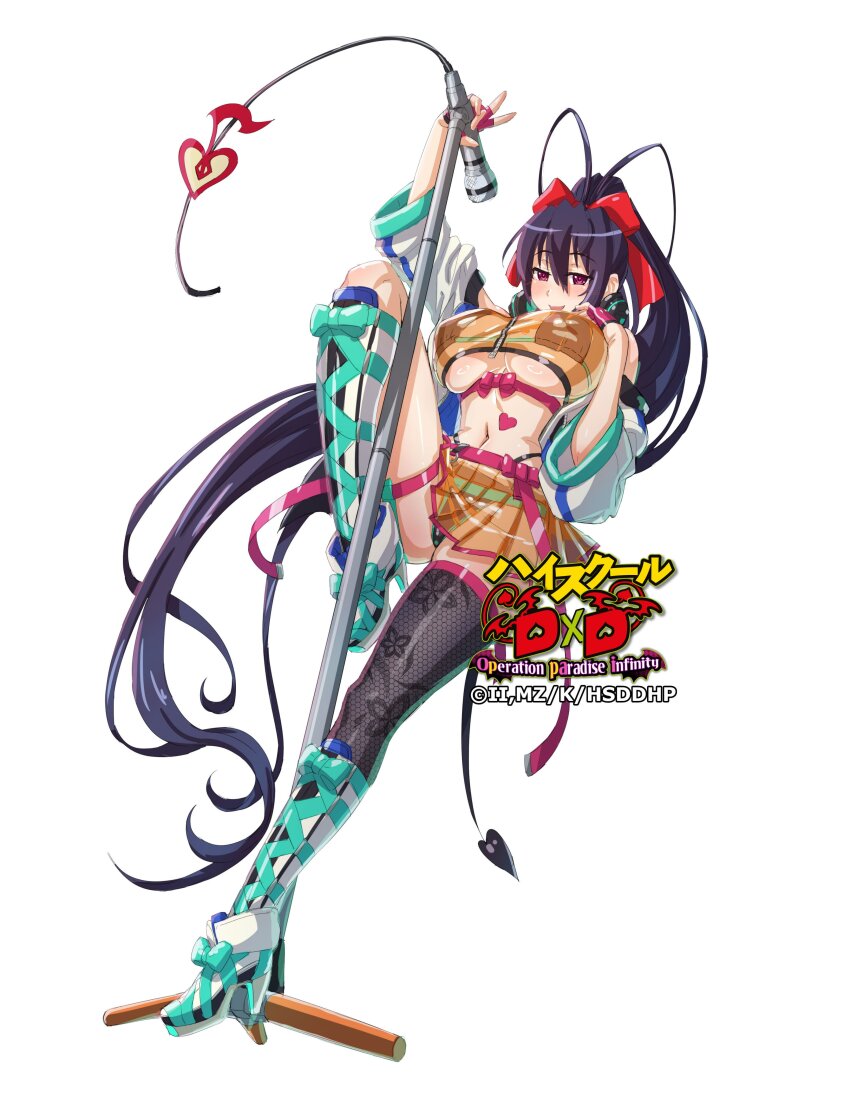 1girl absurdres bare_shoulders black_bra black_hair black_panties black_thighhighs boots bra breasts copyright_name cropped_shirt full_body high_heel_boots high_heels high_ponytail high_school_dxd high_school_dxd_operation_paradise_infinity highres himejima_akeno holding holding_microphone idol jacket large_breasts long_hair microphone miniskirt off_shoulder official_art orange_shirt orange_skirt panties pleated_skirt ponytail purple_eyes see-through_clothes see-through_shirt see-through_skirt shirt simple_background skindentation skirt solo thighhighs underwear white_background white_boots white_jacket