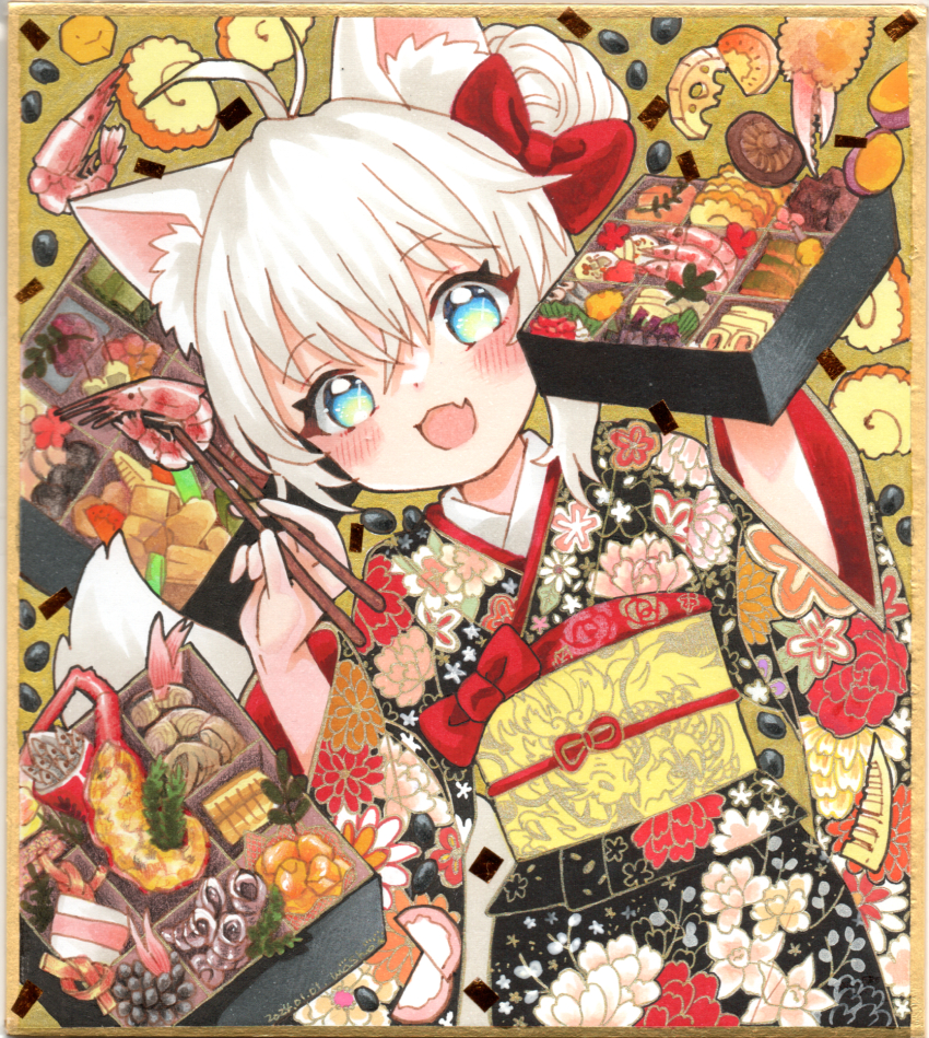 1girl animal_ears bento black_kimono blue_eyes blush border bow chopsticks crab_claw dot_nose fang floral_print food food_focus fox_ears fox_girl fox_tail hair_between_eyes hair_bow hair_bun head_tilt highres holding holding_bento holding_chopsticks japanese_clothes kimono looking_at_viewer mosho mushroom new_year obi omelet open_mouth original print_kimono red_bow sash short_hair shrimp skin_fang smile solo tail traditional_media white_hair yellow_background yellow_border yellow_sash yukata