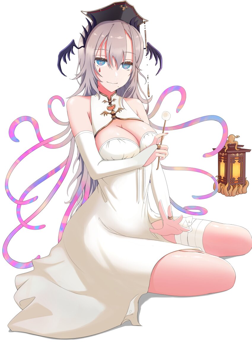 1girl absurdres bandaged_leg bandages bare_shoulders black_hat blue_eyes breasts bridal_gauntlets cleavage cleavage_cutout clothing_cutout dress grey_hair hair_between_eyes hat head_wings highres horizontal_pupils iida_pochi._(vtuber) indie_virtual_youtuber lantern lap_pillow_invitation large_breasts long_hair mimikaki mole mole_under_mouth pochimaru_(vtuber) pochimaru_(vtuber)_(4th_costume) shadow solo teardrop_facial_mark tentacle_hair virtual_youtuber whimsy white_dress wings