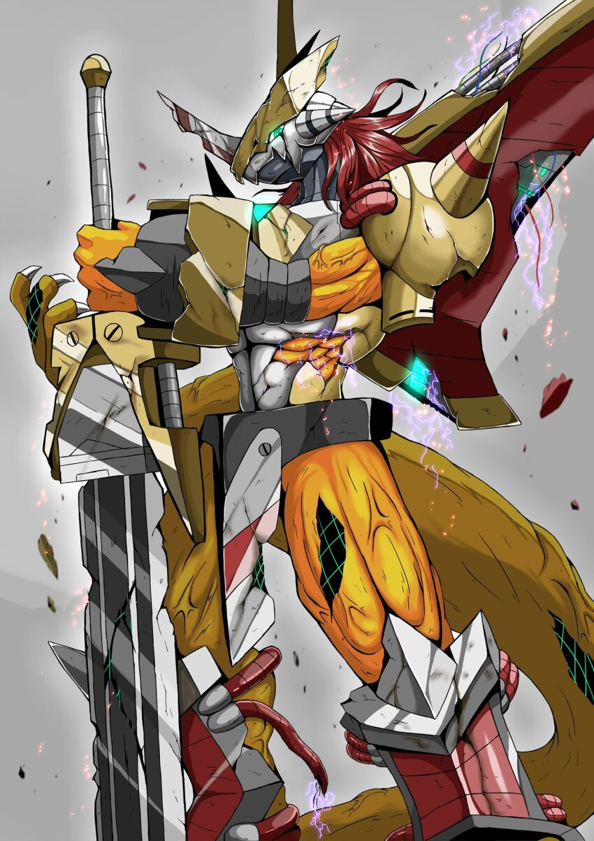 1boy armor damaged digimon digimon_(creature) highres male_focus muscular muscular_male solo sword victorygreymon weapon wireframe