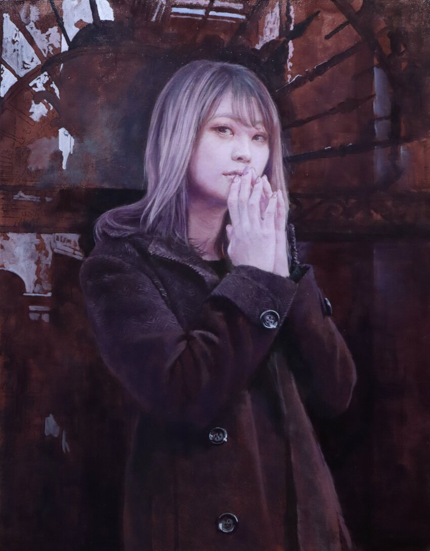 1girl absurdres black_hair blonde_hair brown_coat coat commentary_request highres multicolored_hair naohiro_ito oil_painting_(medium) original own_hands_together painting_(medium) realistic solo traditional_media two-tone_hair upper_body
