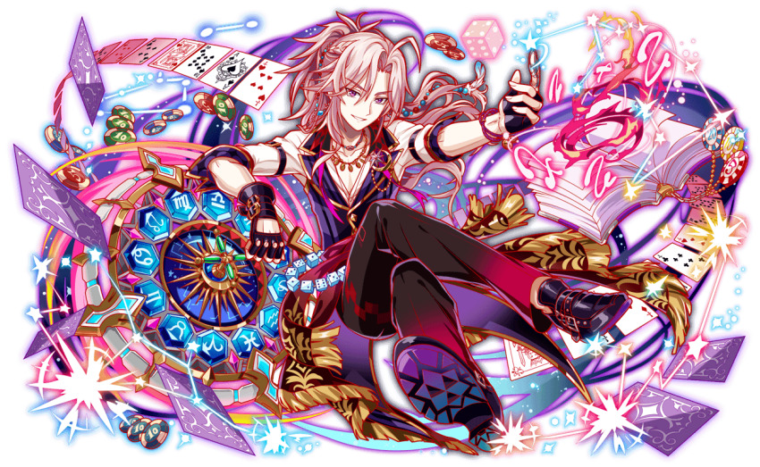 1boy ace_(playing_card) ace_of_hearts anime_coloring aquarius_(constellation) aquarius_(symbol) aries_(symbol) arm_belt arm_rest artist_request belt belt_buckle black_belt black_footwear black_gloves black_sleeve_cuffs book bracelet braid buckle buttons cancer_(symbol) capricorn_(symbol) card cardano_(crash_fever) checkered_ribbon closed_mouth coattails collar collared_shirt collared_vest constellation_print crash_fever crescent_ornament diamond_(shape) dice dress_shirt earrings eyelashes feather_earrings feathers fingerless_gloves fingernails four_of_hearts fringe_trim full_body game_cg gemini_(symbol) gloves gold_necklace gradient_pants hair_intakes half_up_braid heart heart_print jewelry king_(playing_card) leo_(symbol) libra_(symbol) light_brown_hair light_particles long_hair looking_at_viewer looking_to_the_side narrowed_eyes necklace nose number_print numbered official_art open_book outline pages pants parted_bangs parted_lips pectoral_cleavage pectorals pinstripe_collar pinstripe_pattern pinstripe_vest pisces_(symbol) playing_card poker_chip ponytail purple_collar purple_eyes purple_vest red_outline sagittarius_(symbol) scorpio_(symbol) shirt shoe_belt shoe_soles sleeve_cuffs smile solo sparkle square square_print star_(symbol) star_ornament striped_clothes striped_collar striped_vest tachi-e taurus_(symbol) teeth ten_of_diamonds ten_of_spades third-party_source three-quarter_sleeves transparent_background two-tone_collar two-tone_vest vertical-striped_clothes vertical-striped_collar vertical-striped_vest vest virgo_(constellation) virgo_(symbol) waistcoat wavy_hair white_collar white_sleeves white_undershirt wrist_belt zodiac zodiac_wheel