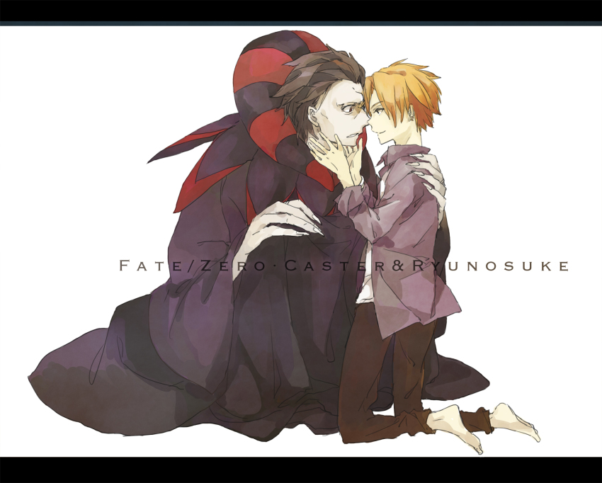 2boys barefoot border capelet claws fate/zero fate_(series) fingernails gilles_de_rais_(caster)_(fate) gilles_de_rais_(fate) grey_hair highres kageuri letterboxed long_fingernails multiple_boys orange_hair simple_background uryuu_ryuunosuke