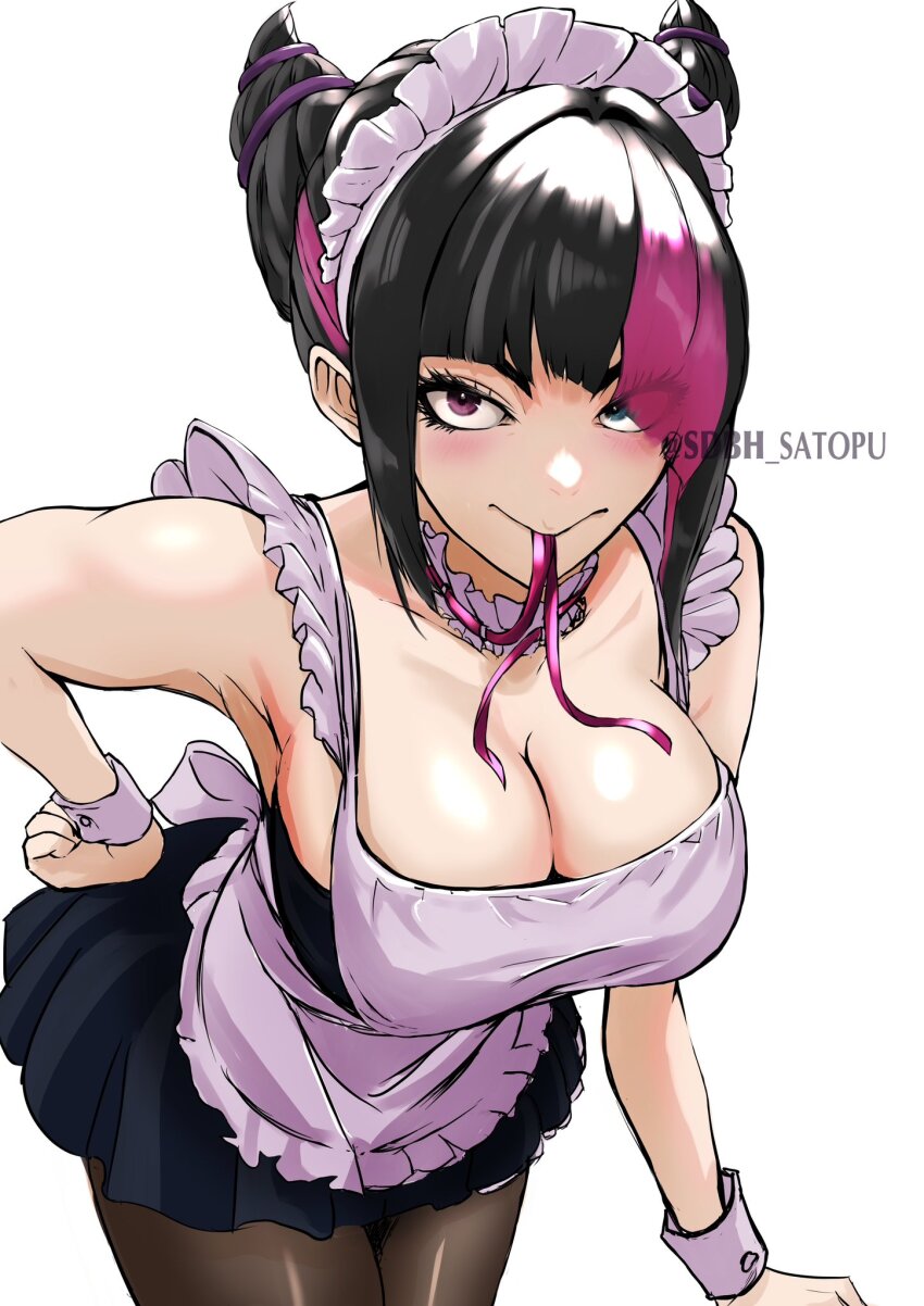 1girl apron bending black_hair breasts cleavage hair_over_one_eye han_juri hand_on_own_hip highres looking_at_viewer maid mouth_hold multicolored_eyes pantyhose ribbon ribbon_in_mouth satopuu short_hair signature street_fighter street_fighter_6 twintails white_apron