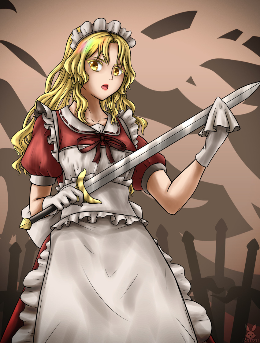 1girl absurdres apron blonde_hair bow cleaning dress highres long_hair looking_at_viewer maid maid_headdress multiple_swords mystic_square open_mouth puffy_sleeves ribbon rourenzu short_sleeves solo sword touhou touhou_(pc-98) weapon yellow_eyes yumeko_(touhou)