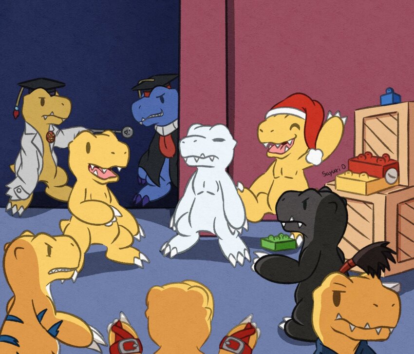 agumon agumon_(black) agumon_(digimon_savers) agumon_hakase agumon_x-antibody belt bushiagumon digimon fangs hat highres meme nise_agumon_hakase pointing pointing_at_another pointing_spider-man_(meme) santaagumon sayuri_d_(liliana86973943) sharp_teeth teeth toyagumon