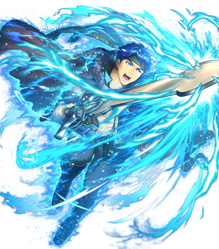 1boy attack aura blue_eyes blue_hair brown_gloves cape fingerless_gloves fire_emblem fire_emblem:_radiant_dawn fire_emblem_engage gloves glowing greatsword headband highres holding holding_behind_back holding_sword holding_sword_behind_back holding_weapon holding_weapon_behind_back ike_(emblem)_(fire_emblem) ike_(fire_emblem) male_focus muscular muscular_male nintendo non-web_source open_mouth red_cape red_headband single_shoulder_pad solo swinging sword teeth v-shaped_eyebrows weapon