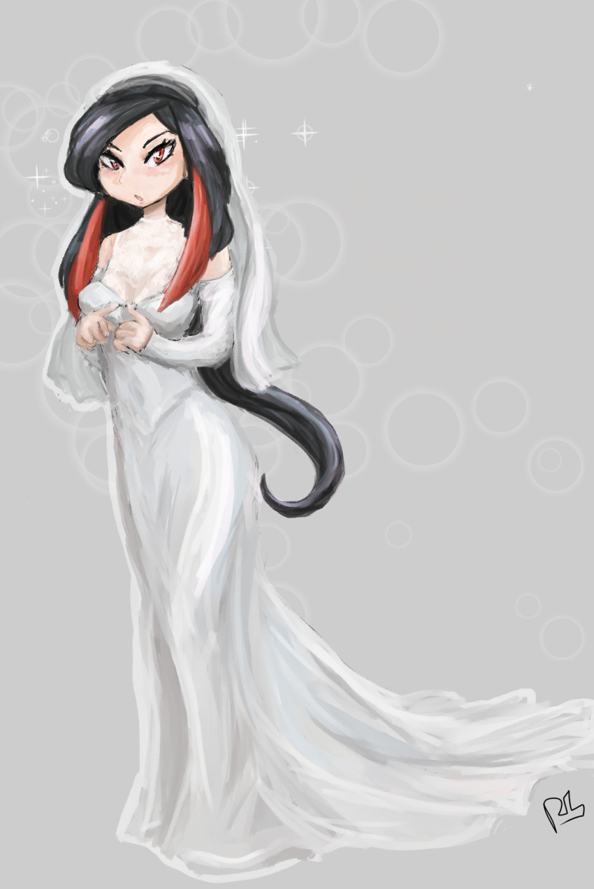 black_hair blurry bokeh depth_of_field drawfag dress frontier_brain highres long_hair lucy_(pokemon) multicolored_hair nintendo pokemon pokemon_emerald pokemon_rse red_eyes signature simple_background veil wedding_dress
