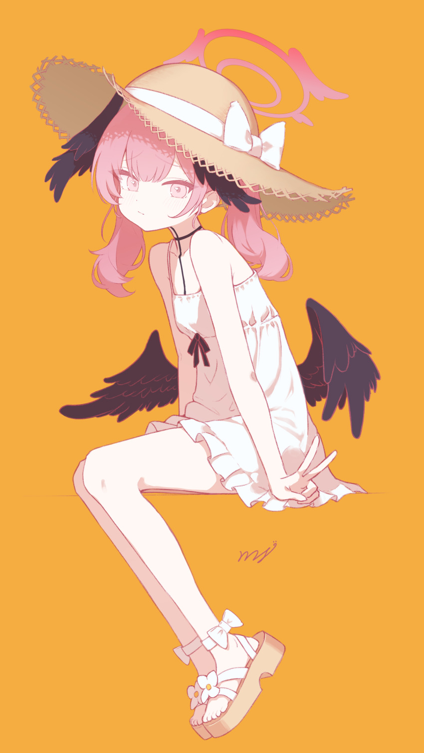 1girl absurdres alternate_costume blue_archive body_markings bow dated dress flat_chest frown full_body halo hat hat_bow head_wings highres koharu_(blue_archive) legs looking_at_viewer low_twintails low_wings medium_hair multiple_wings pink_eyes pink_hair pink_halo rns sandals simple_background sitting solo straw_hat sundress thighs twintails v white_dress wings yellow_background