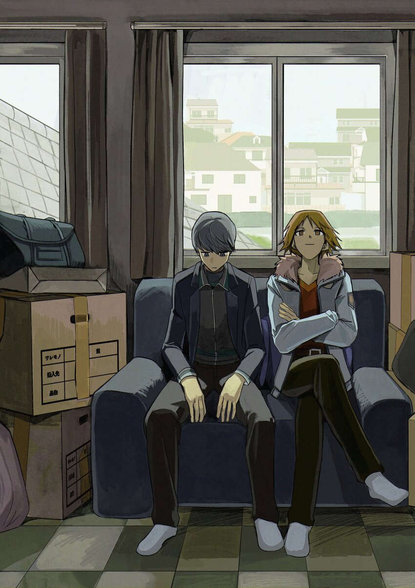 2boys absurdres babakun bag black_jacket black_pants box brown_eyes brown_hair building cardboard_box closed_mouth couch crossed_arms crossed_legs curtains day fur-trimmed_jacket fur_trim grey_eyes grey_hair grey_jacket hanamura_yousuke highres indoors jacket long_sleeves male_focus multiple_boys narukami_yu open_clothes open_jacket pants persona persona_4 shirt sitting socks spiked_hair white_socks window