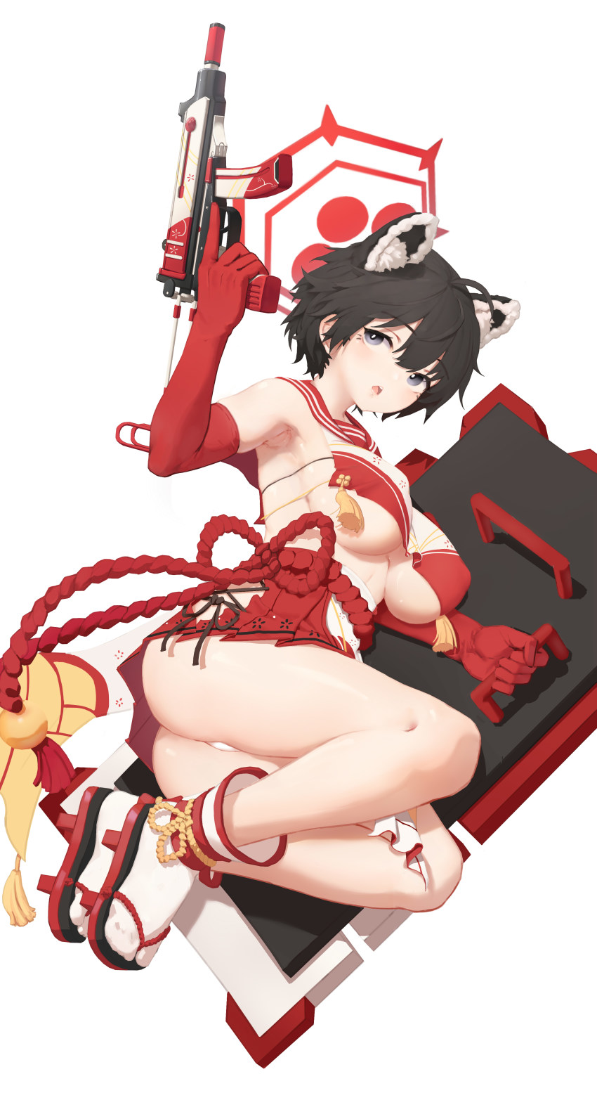 1girl absurdres animal_ear_fluff animal_ears black_hair blue_archive breasts elbow_gloves gloves greentree grey_eyes gun halo highres holding holding_gun holding_shield holding_weapon open_mouth panties pleated_skirt red_gloves red_rope red_skirt rope rope_belt sandals shield short_hair sideboob skirt socks solo tabard tsubaki_(blue_archive) underboob underwear weapon white_panties white_socks