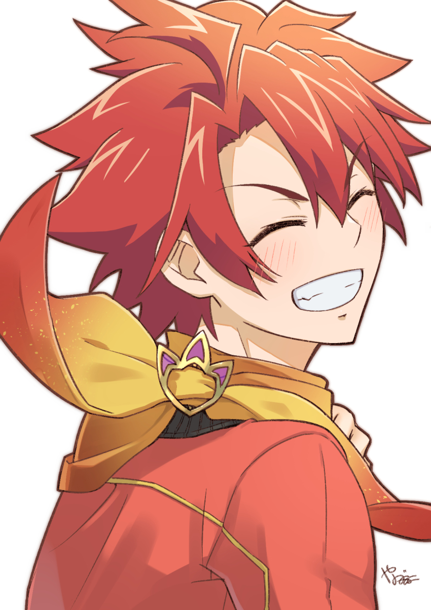 1boy asagaki_toogo closed_eyes highres jacket male_focus parted_lips red_hair red_jacket sentai_red_ga_isekai_de_boukensha_ni_naru short_hair simple_background smile solo upper_body white_background yanagimachi