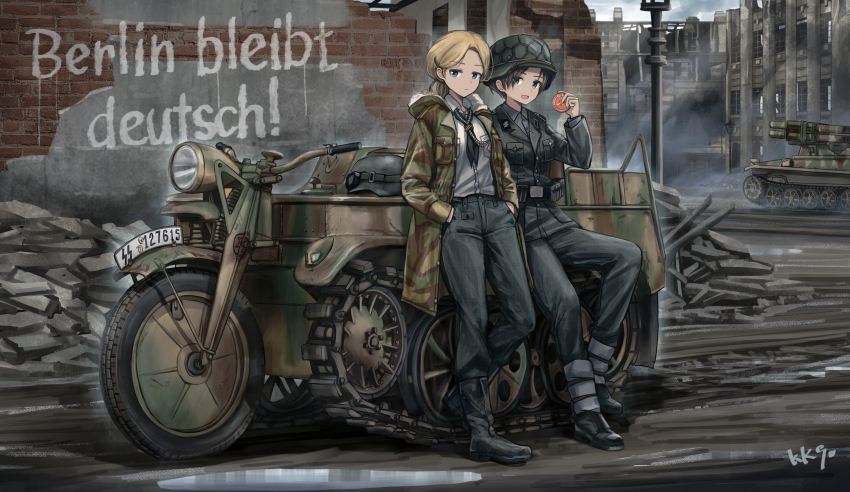 2girls absurdres belt black_footwear black_hair black_pants blue_eyes boots borrowed_character breast_pocket brick_wall buckle building caterpillar_tracks erika_(sebastian_z) german_text hands_in_pockets helmet highres jacket kk90 lamppost lapels military military_uniform military_vehicle motor_vehicle multiple_girls nazi open_mouth original outdoors pants pocket ponytail rubble shirt short_hair swastika tank unworn_headwear unworn_helmet utility_belt waffen-ss war white_shirt world_war_ii