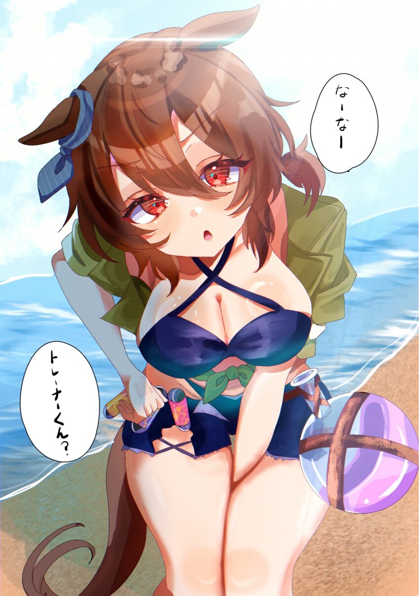 1girl agnes_tachyon_(lunatic_lab)_(umamusume) agnes_tachyon_(umamusume) animal_ears beach bikini black_bikini blush breasts brown_hair cleavage criss-cross_halter disney_o626 ear_ornament flask green_jacket hair_between_eyes halterneck highres horse_ears horse_girl horse_tail jacket large_breasts looking_at_viewer medium_hair official_alternate_costume open_clothes open_mouth open_shorts outdoors red_eyes round-bottom_flask shorts solo stomach swimsuit tail test_tube thighs tied_jacket umamusume water
